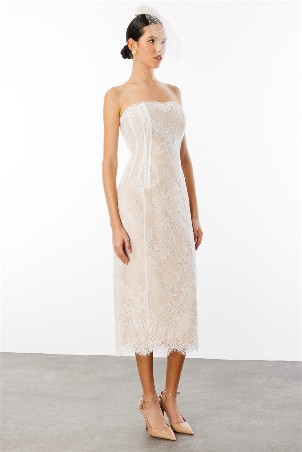 Lace Waist Corset Detail Strapless Wedding Dress WHITE