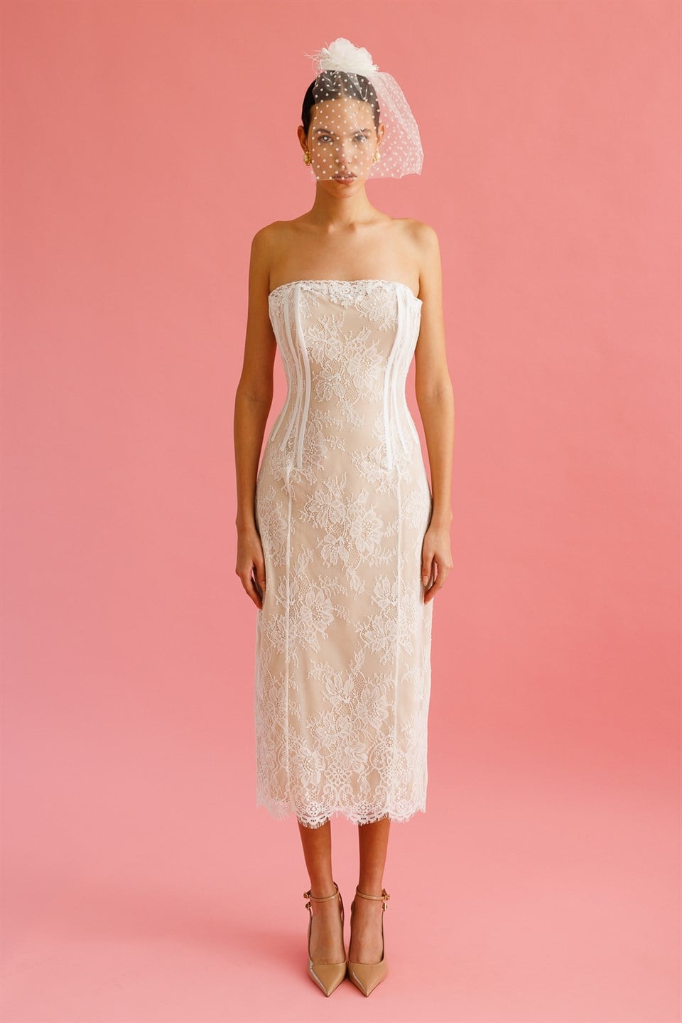 Lace Waist Corset Detail Strapless Wedding Dress WHITE