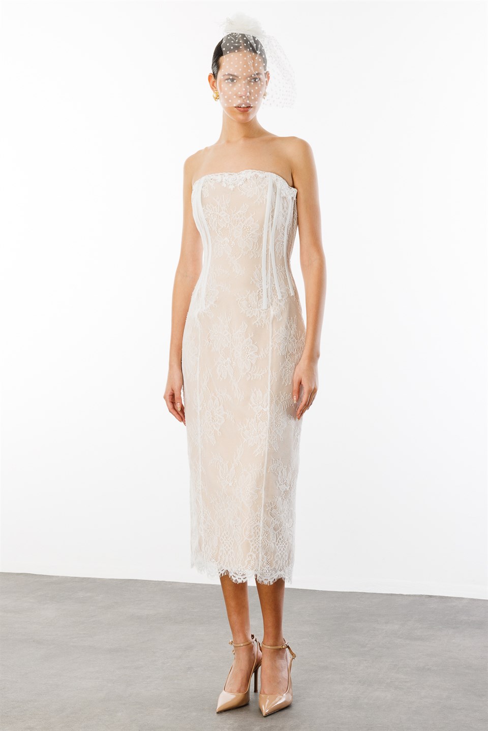 Lace Waist Corset Detail Strapless Wedding Dress WHITE
