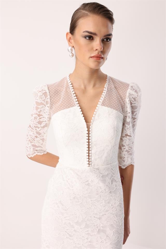 Dantel Detay Elbise EKRU