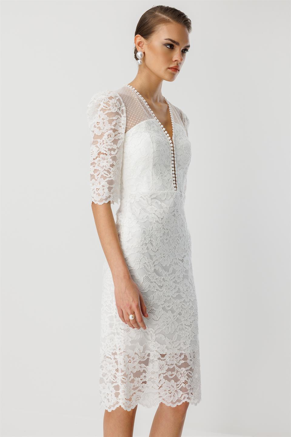 Dantel Detay Elbise EKRU