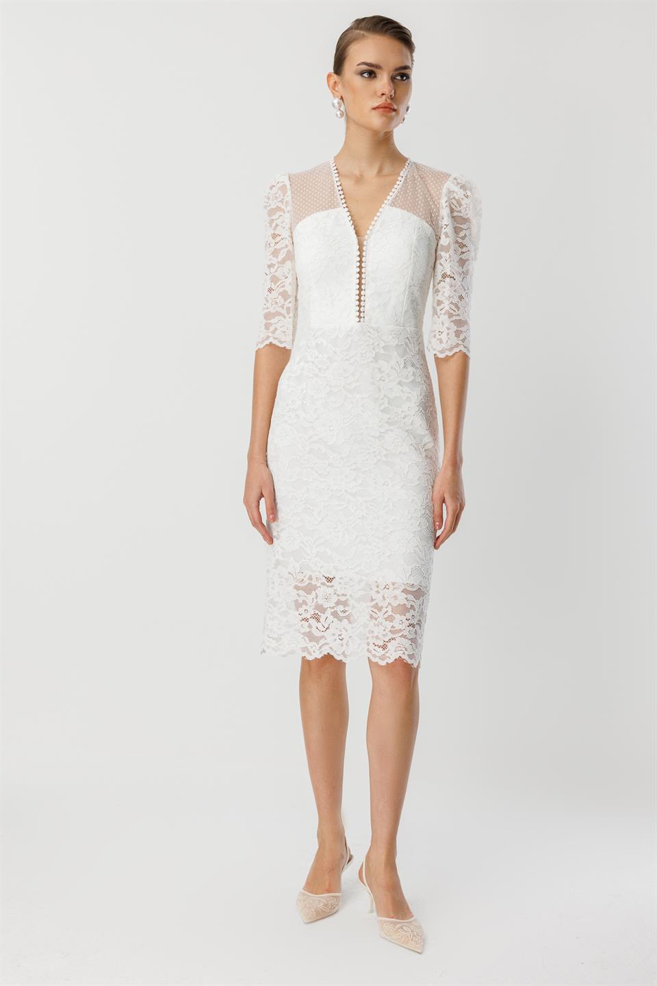 Dantel Detay Elbise EKRU