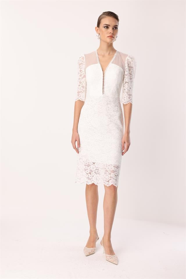 Dantel Detay Elbise EKRU