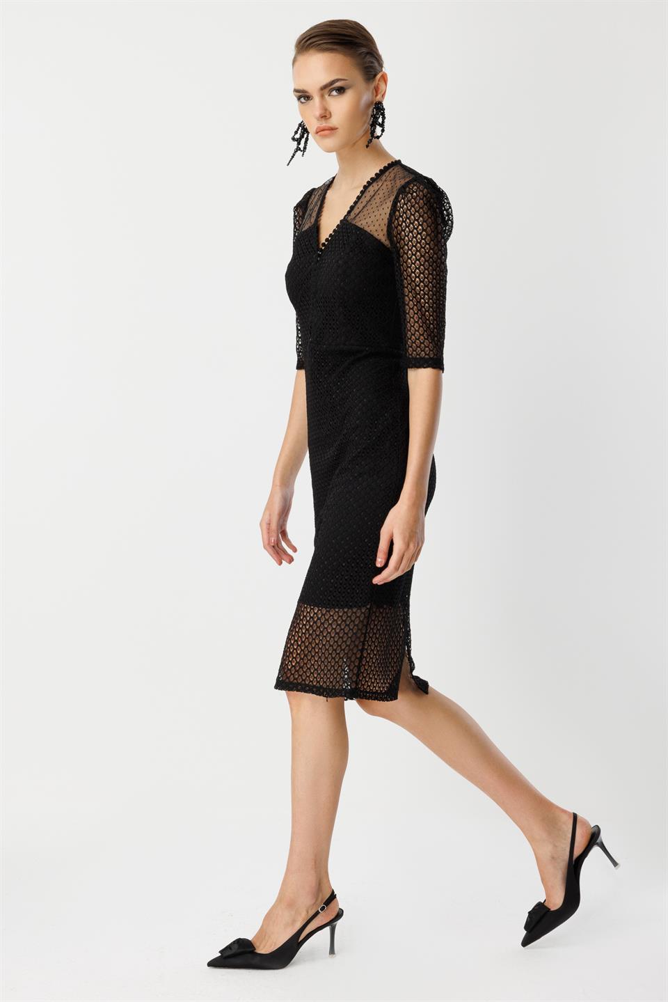 Dantel Detay Midi Elbise SİYAH