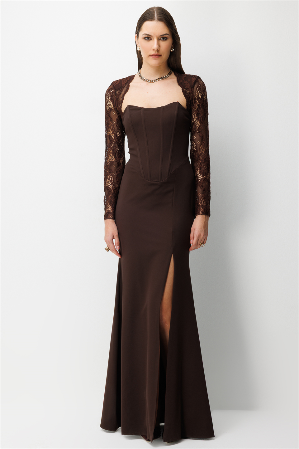 Dantel Detaylı Balık Model Elbise KAHVE