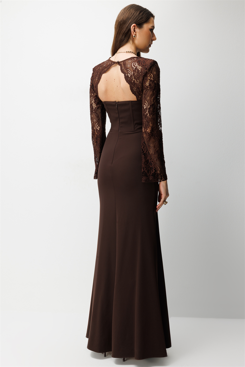 Dantel Detaylı Balık Model Elbise KAHVE