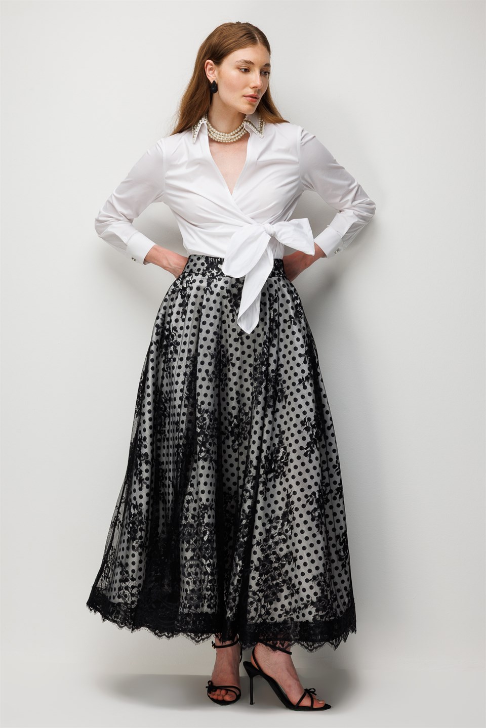 Lace Detail Polka Dot Taffeta Skirt - BLACK