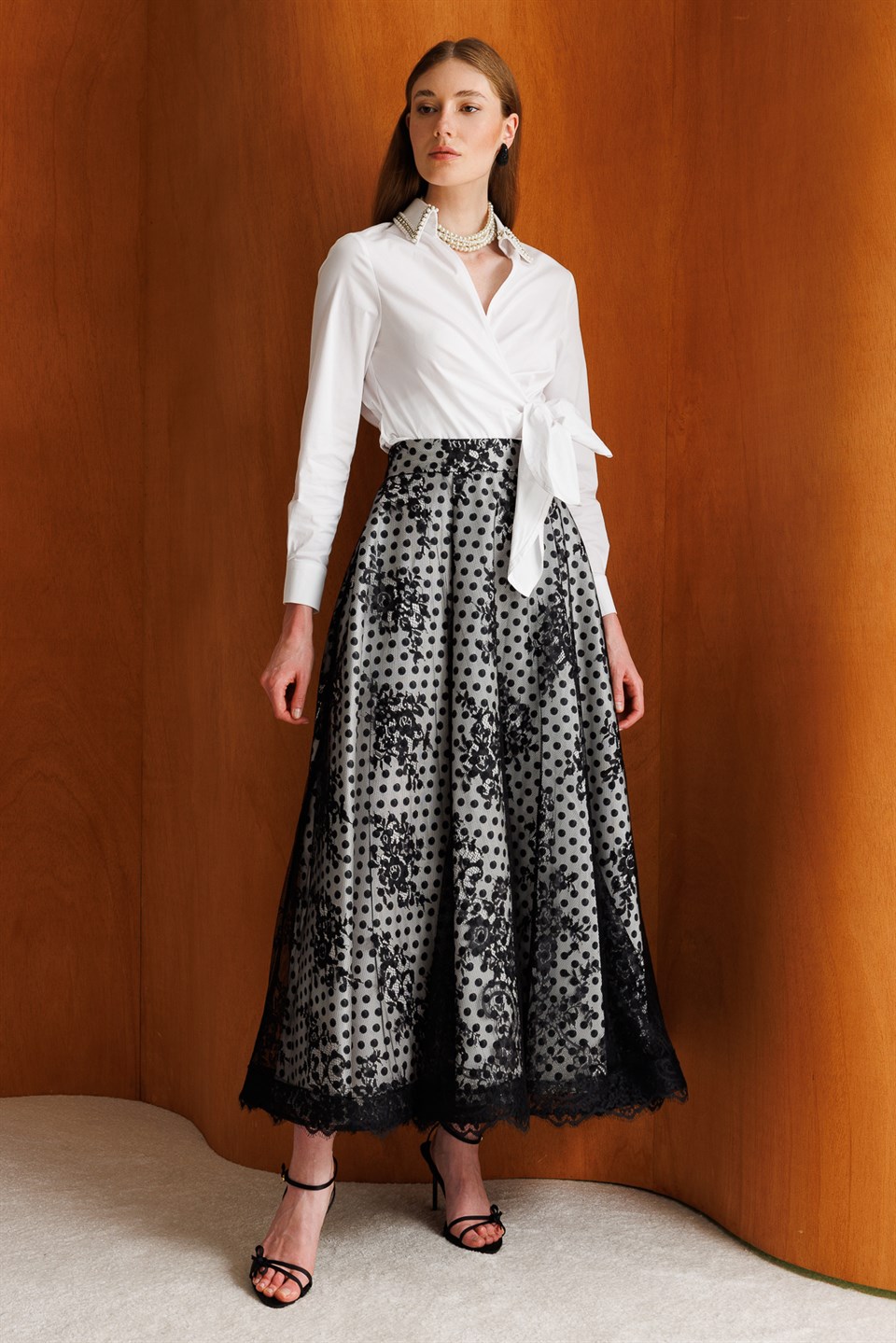 Lace Detail Polka Dot Taffeta Skirt - BLACK