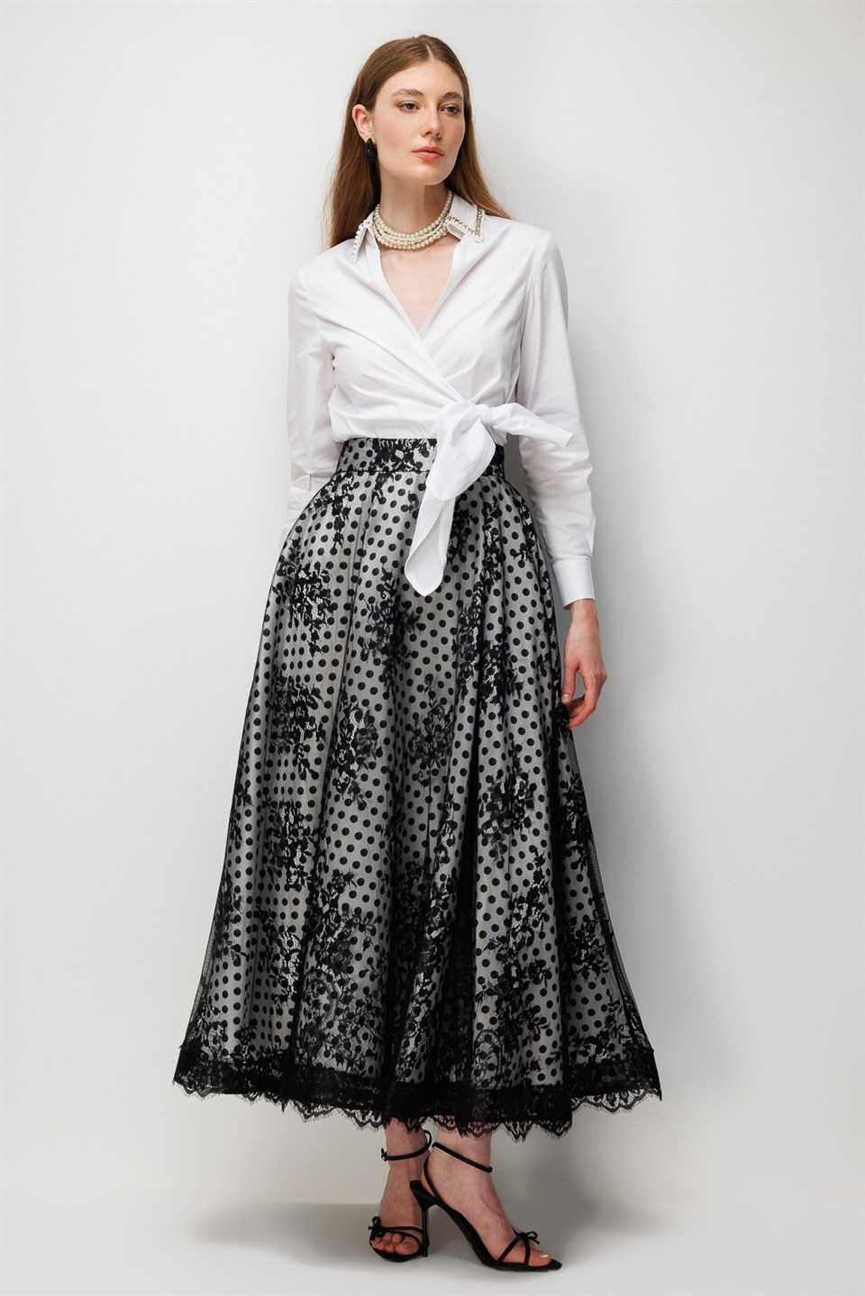 Lace Detail Polka Dot Taffeta Skirt - BLACK