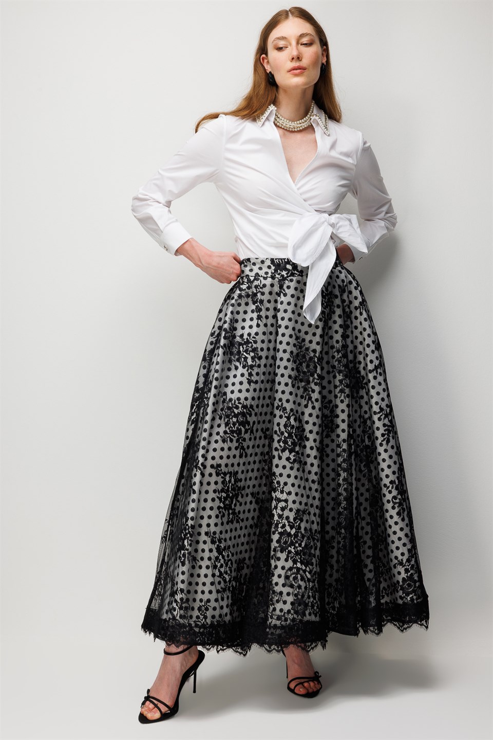 Lace Detail Polka Dot Taffeta Skirt - BLACK