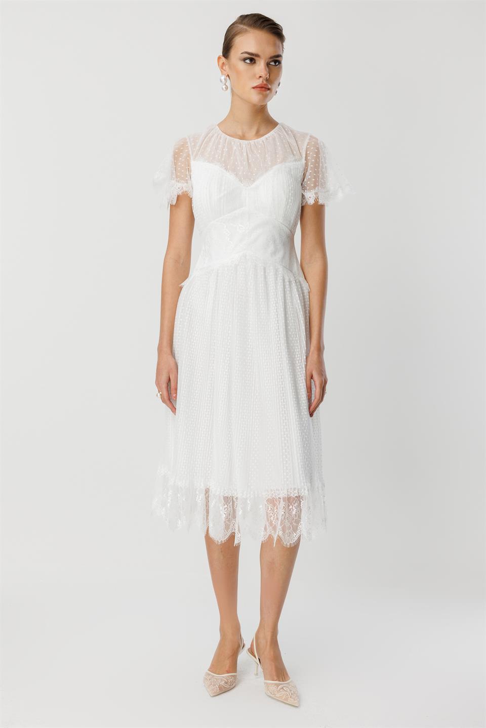 Dantel Garnili Tül Elbise EKRU
