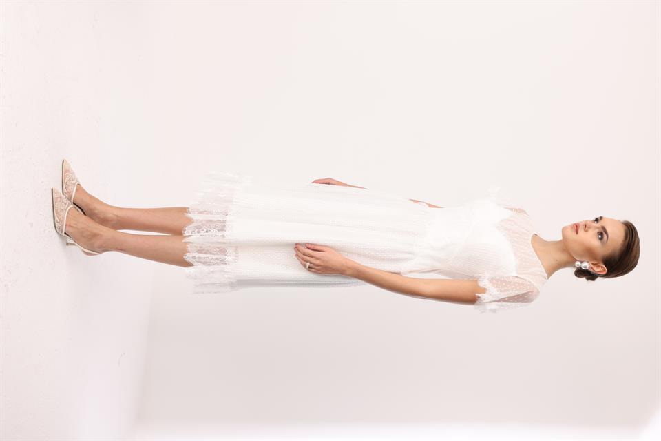 Dantel Garnili Tül Elbise EKRU