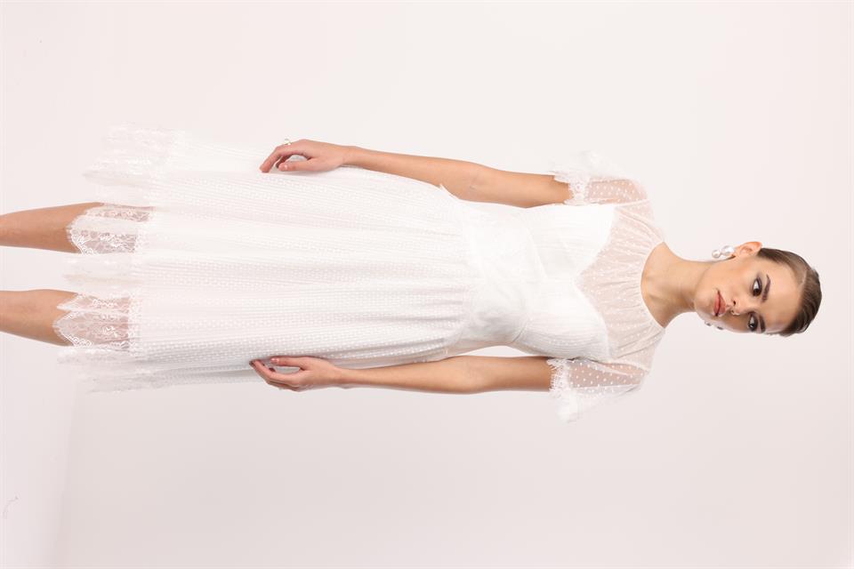 Dantel Garnili Tül Elbise EKRU