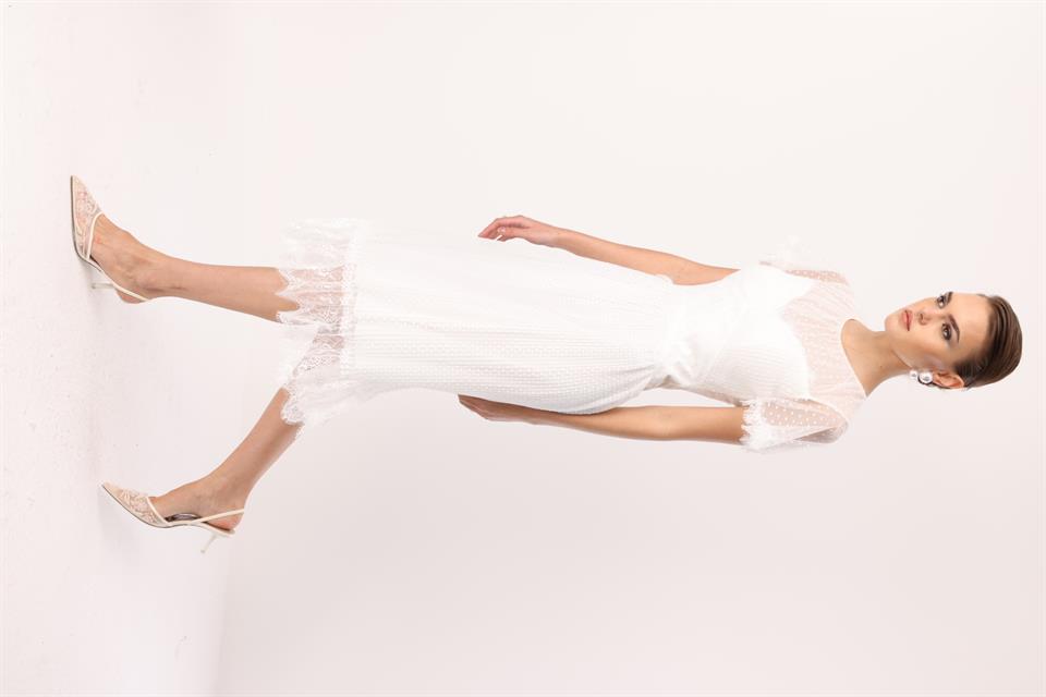 Dantel Garnili Tül Elbise EKRU