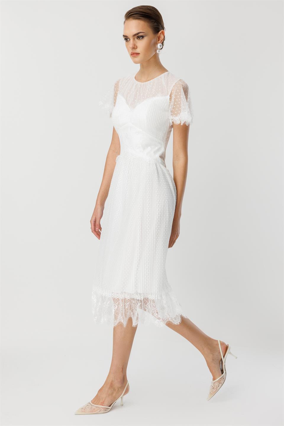 Dantel Garnili Tül Elbise EKRU