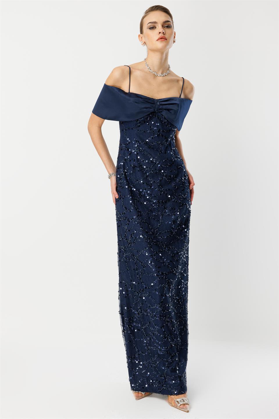 Dantel İşleme Detay Yaka Abiye LACİVERT