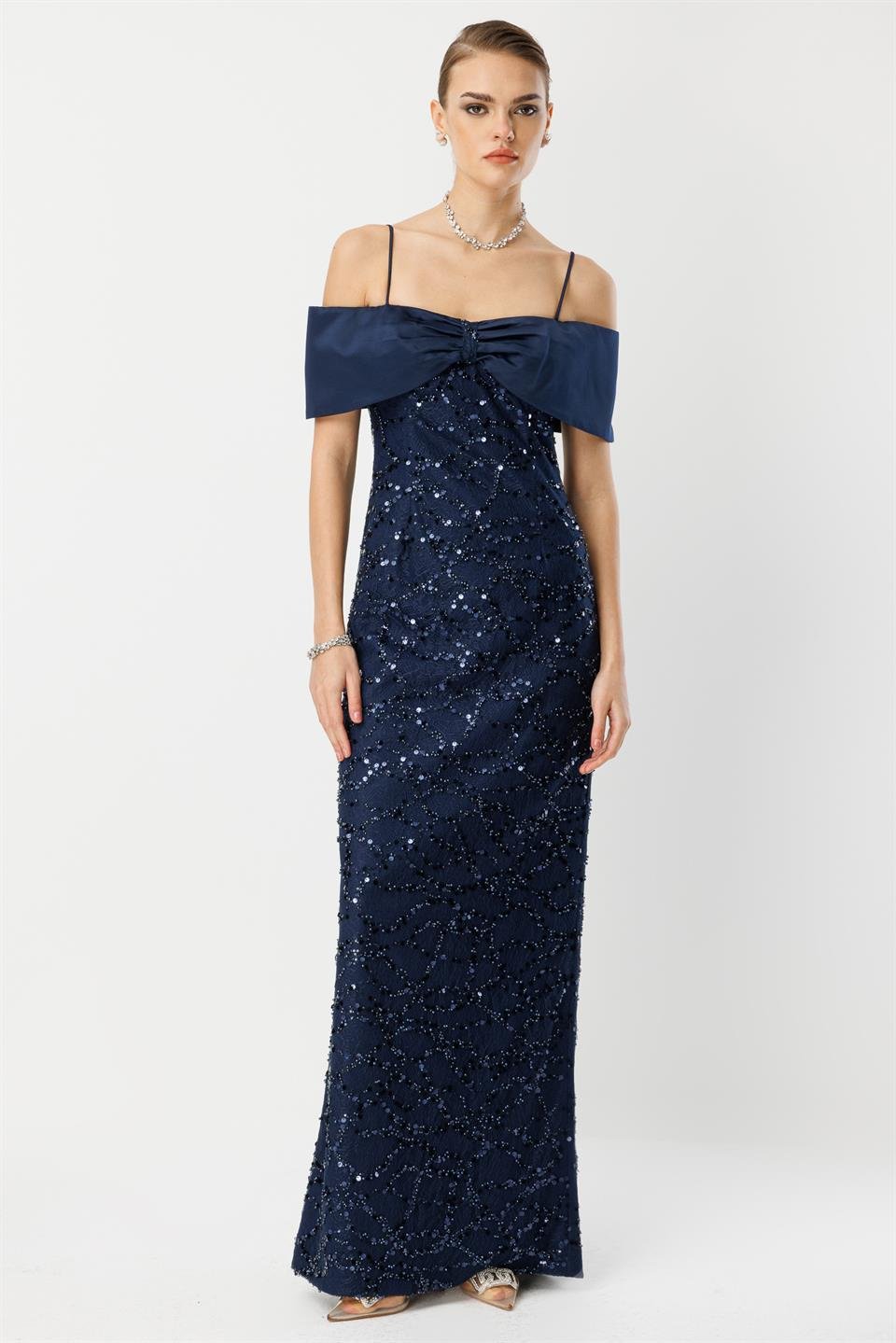 Dantel İşleme Detay Yaka Abiye LACİVERT