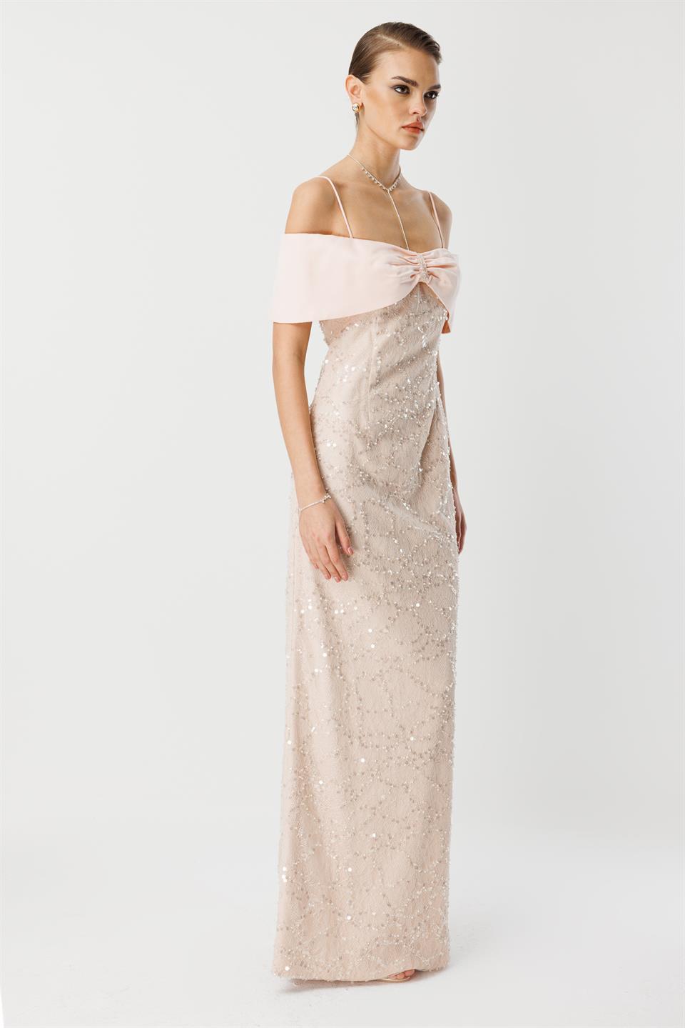 Dantel İşleme Detay Yaka Abiye PUDRA