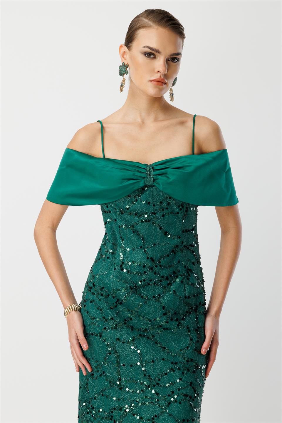 Lace Embroidery Detail Collar Evening Dress EMERALD