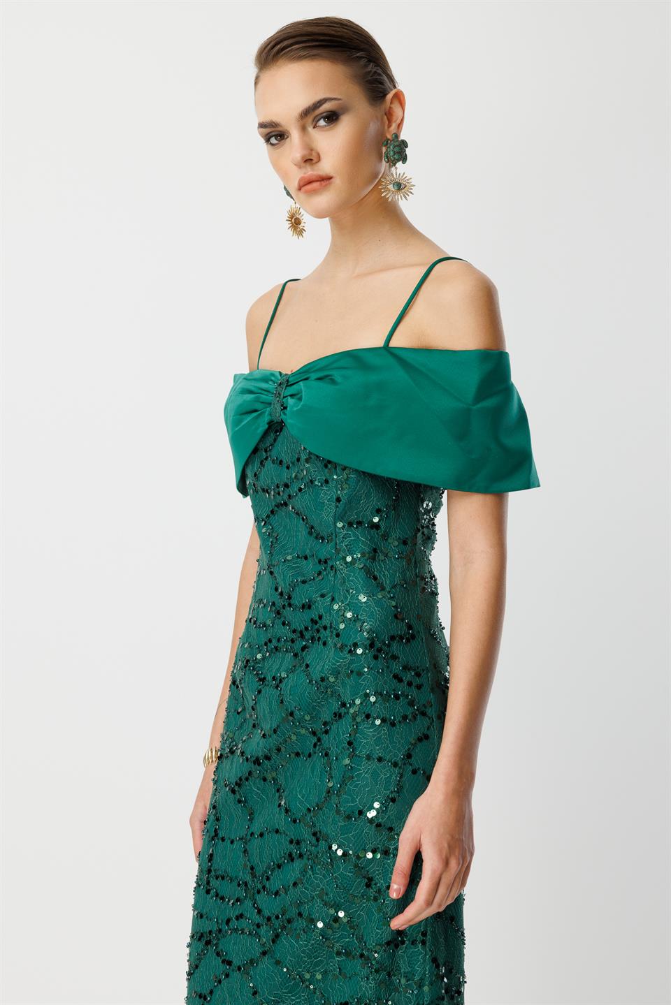 Lace Embroidery Detail Collar Evening Dress EMERALD