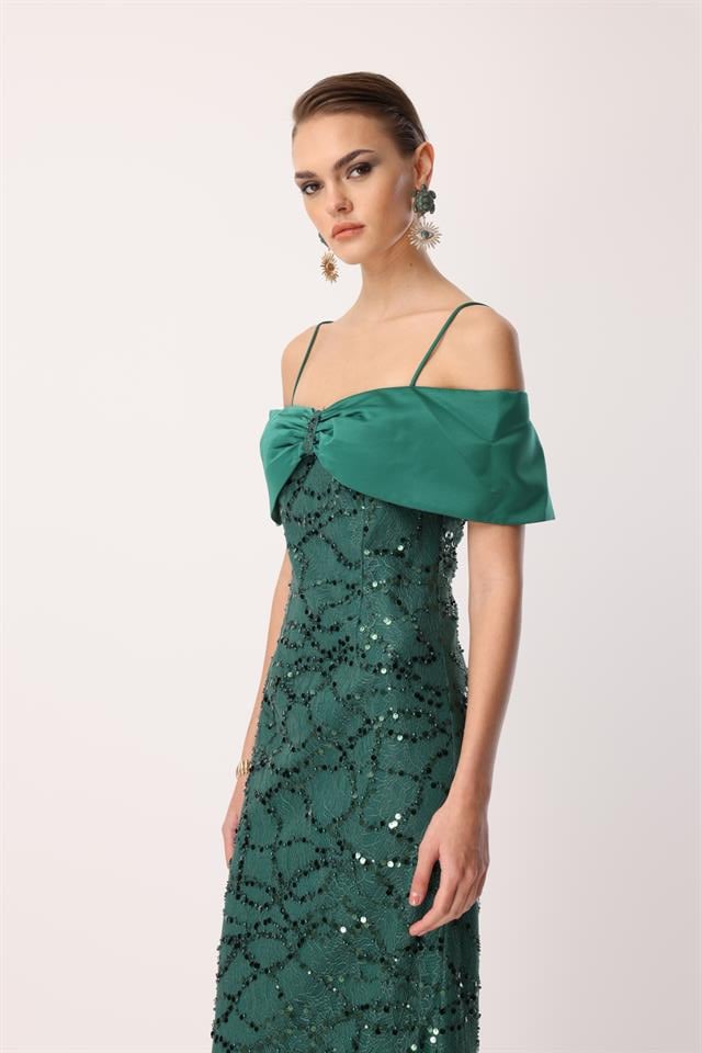 Dantel İşleme Detay Yaka Abiye ZÜMRÜT