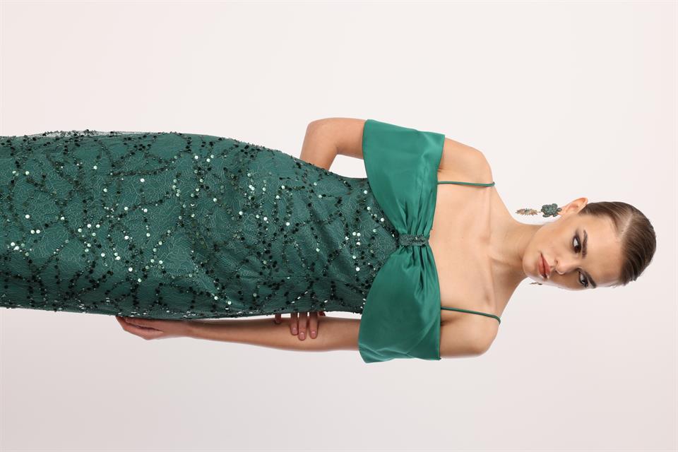 Dantel İşleme Detay Yaka Abiye ZÜMRÜT