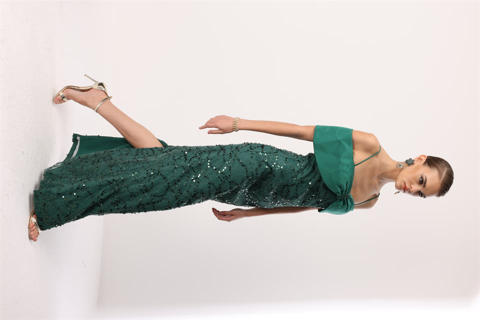 Dantel İşleme Detay Yaka Abiye ZÜMRÜT