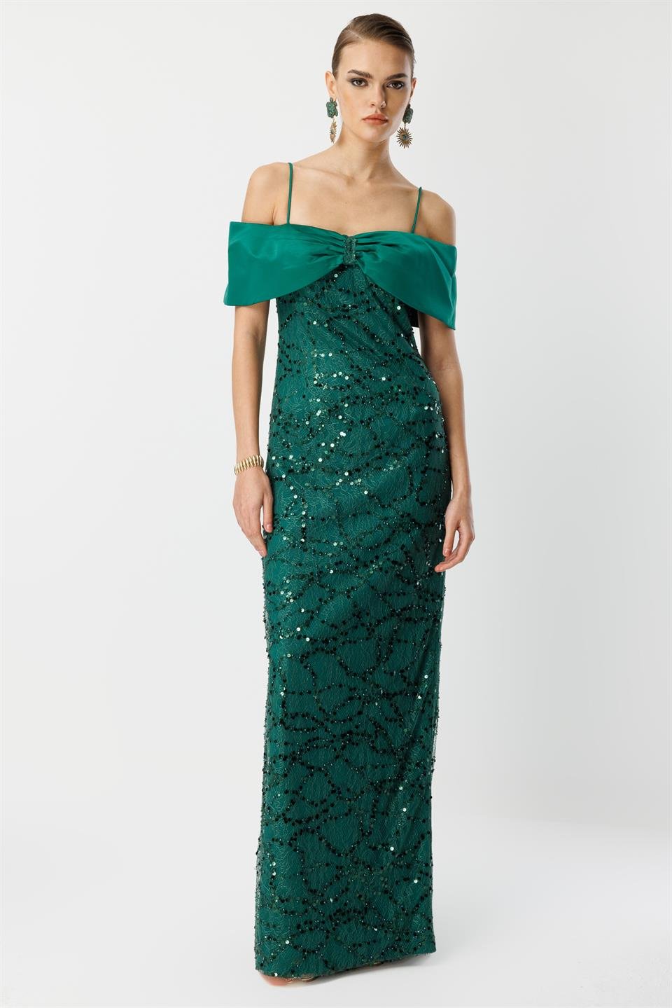 Lace Embroidery Detail Collar Evening Dress EMERALD