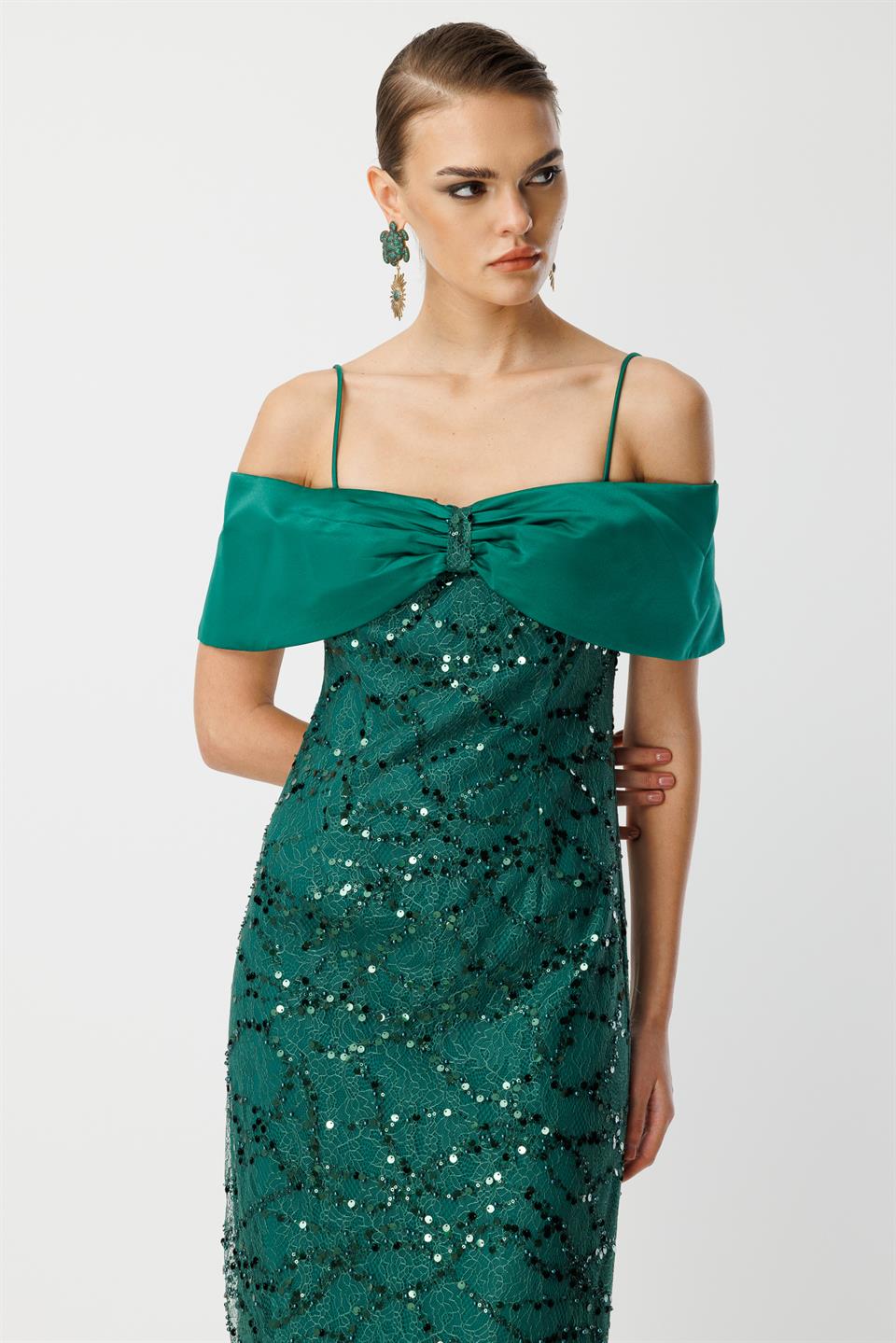 Lace Embroidery Detail Collar Evening Dress EMERALD