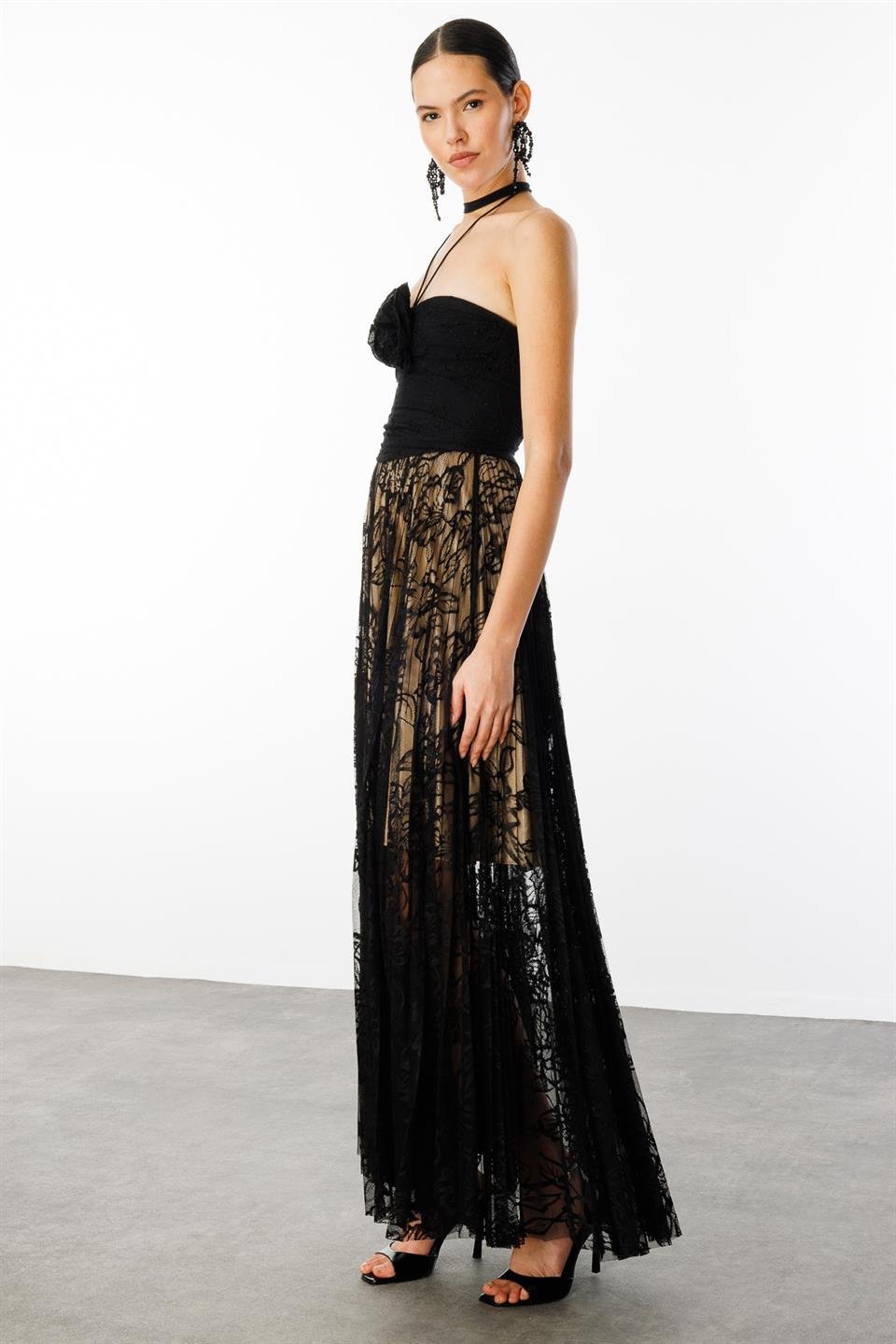 Dantel Lastikli Uzun  Etek SİYAH
