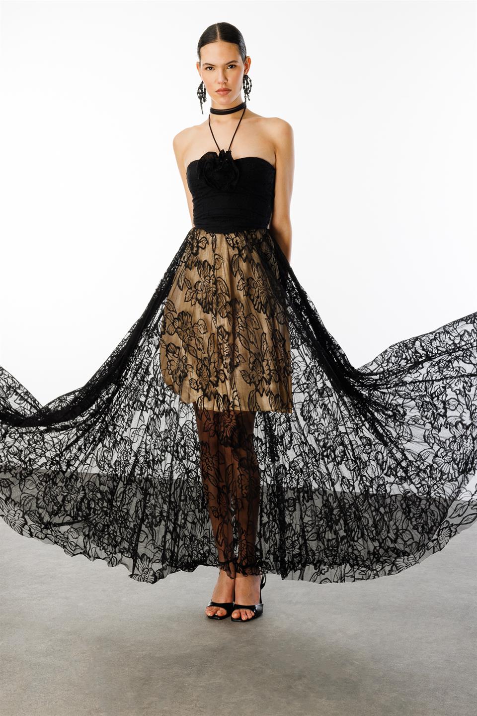 Dantel Lastikli Uzun  Etek SİYAH