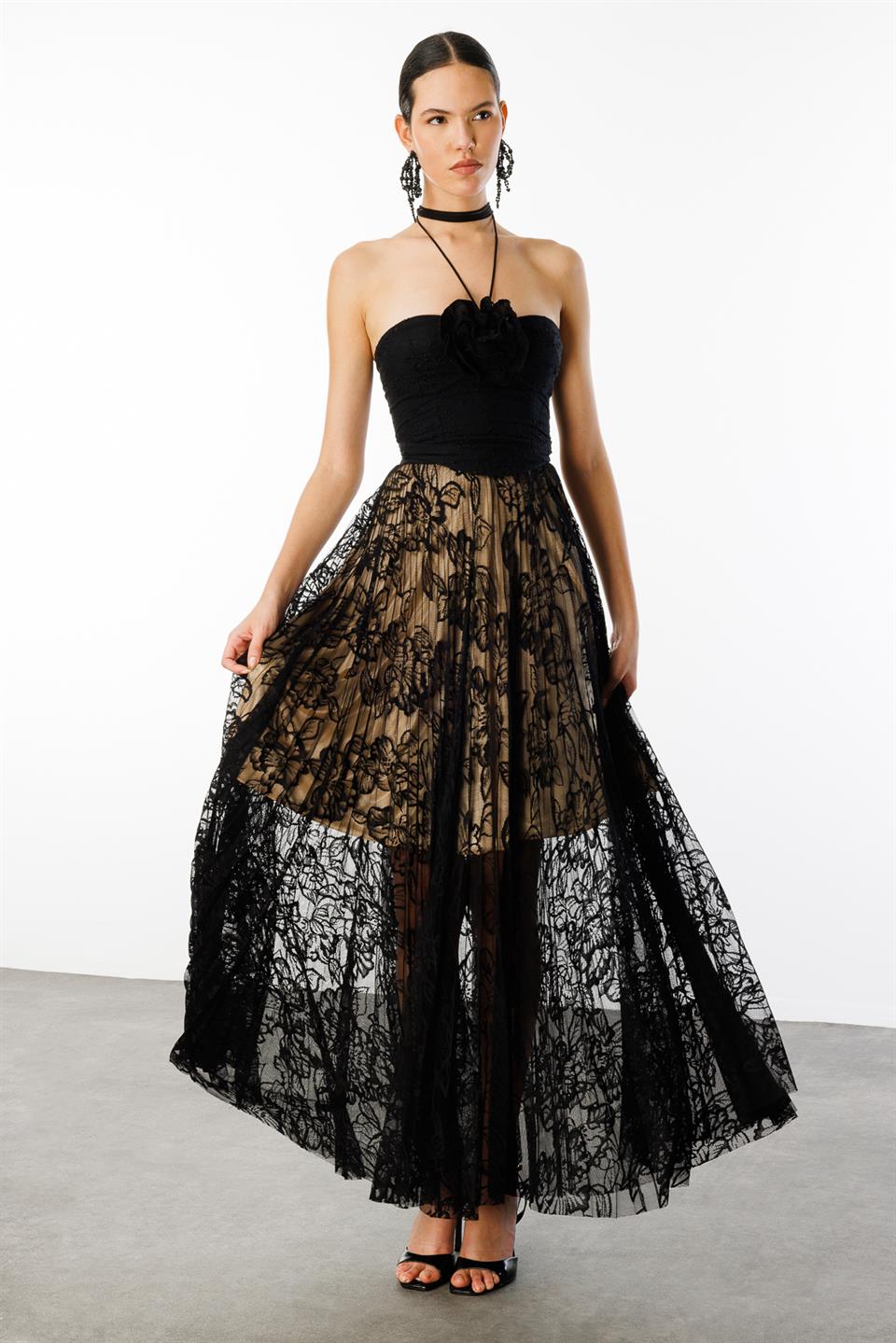 Dantel Lastikli Uzun  Etek SİYAH