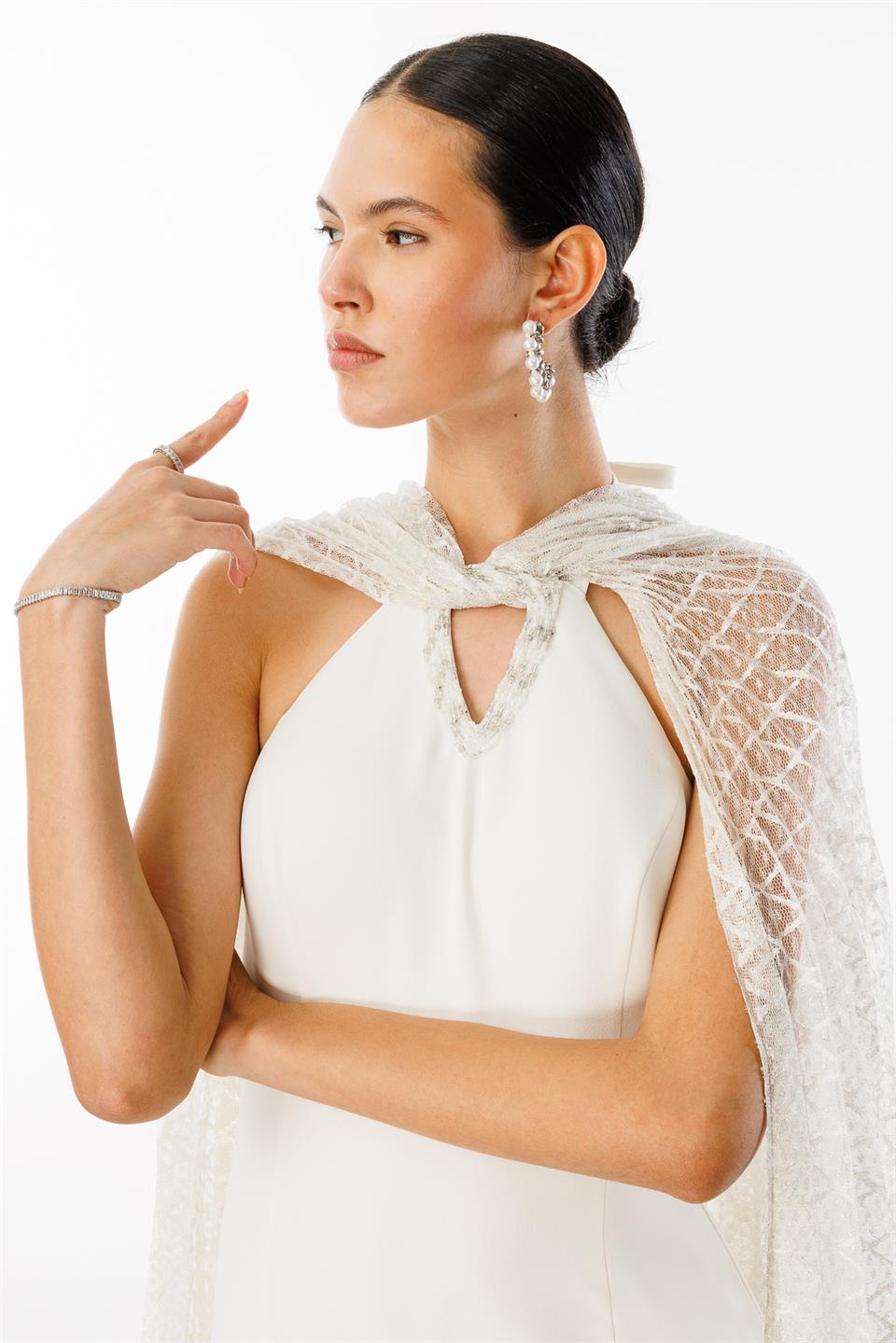 Dantel Pelerinli İşleme Detaylı Abiye Elbise EKRU