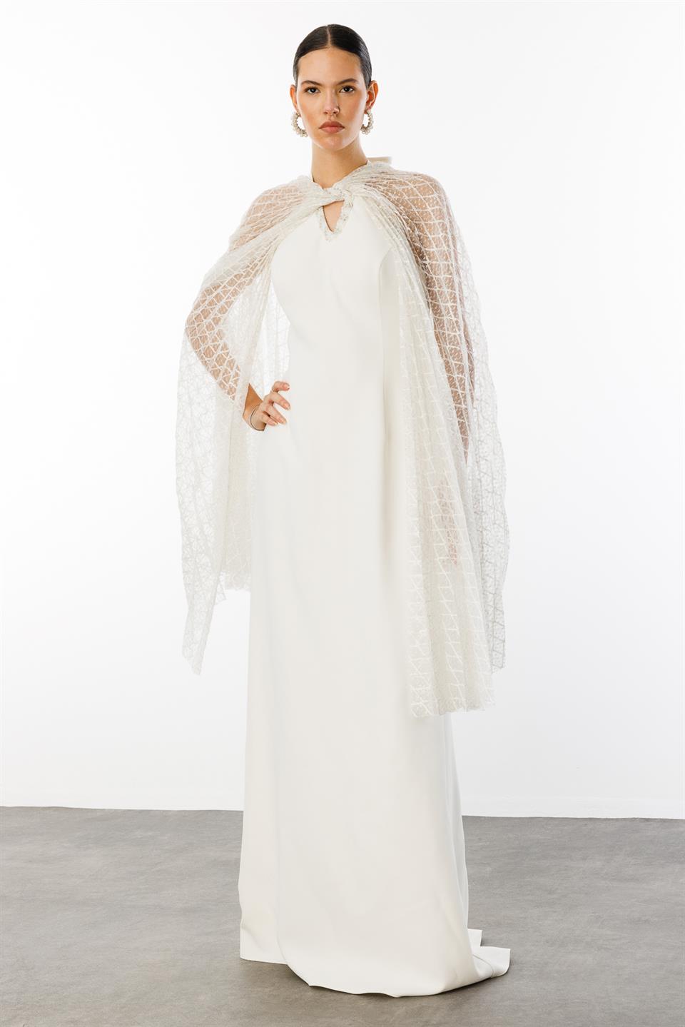 Dantel Pelerinli İşleme Detaylı Abiye Elbise EKRU