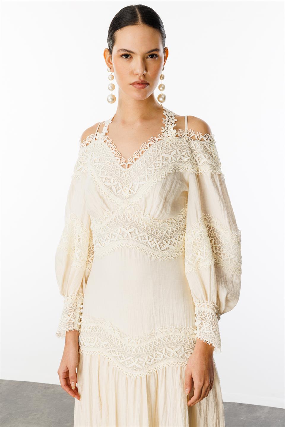 Dantel Şeritli Boyundan Bağlama Detaylı Elbise EKRU