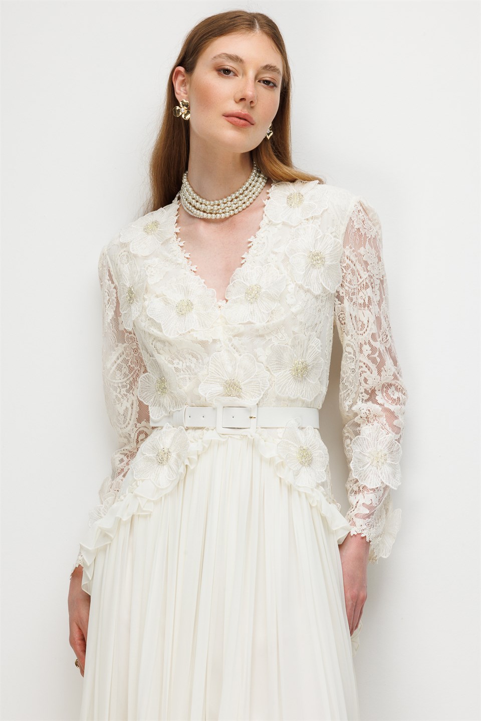 Lace and Pleated Detail Maxi Dress – Ecru