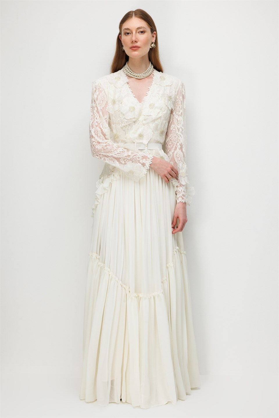 Lace and Pleated Detail Maxi Dress – Ecru