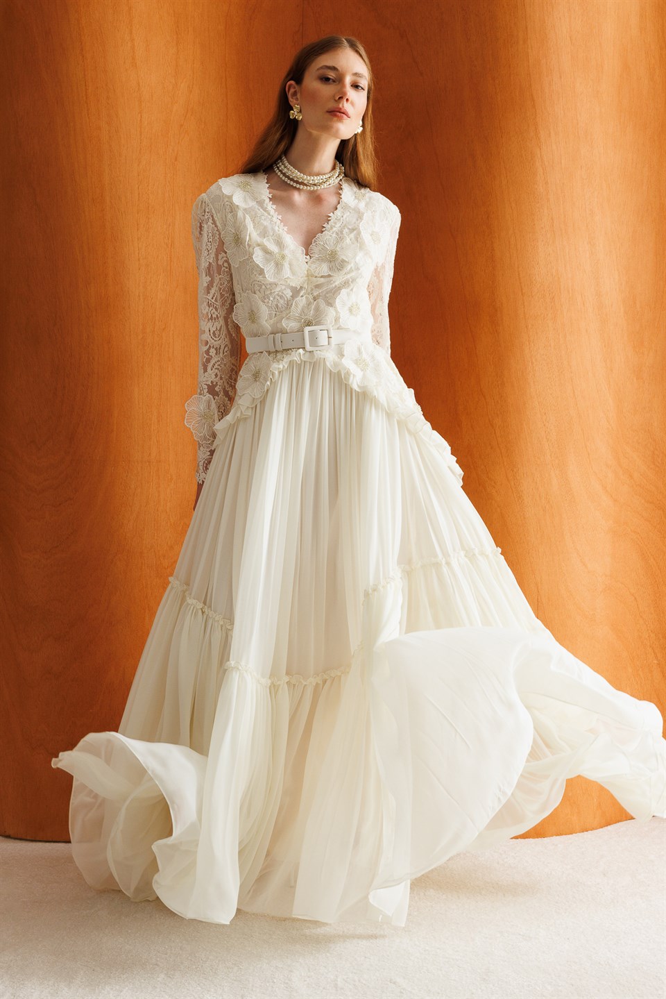 Lace and Pleated Detail Maxi Dress – Ecru