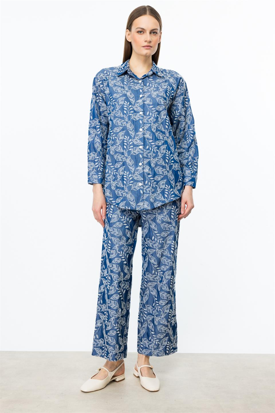 Danteli Yaprak Detaylı Uzun Gömlek İNDİGO