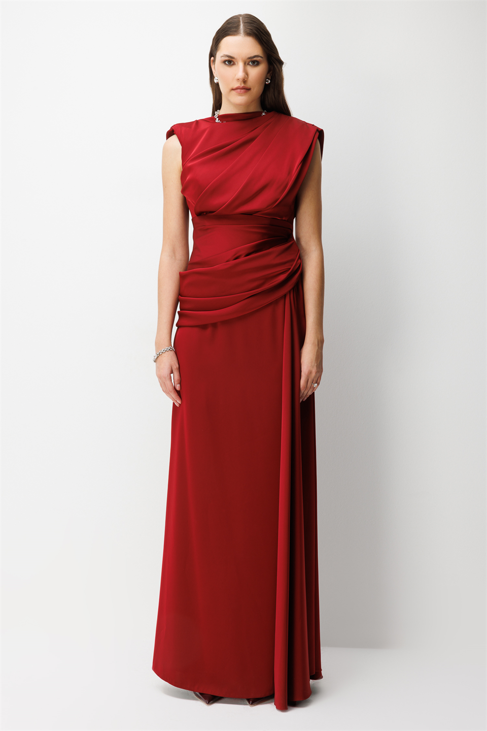 Degaje Yaka Saten Uzun Elbise  BORDO