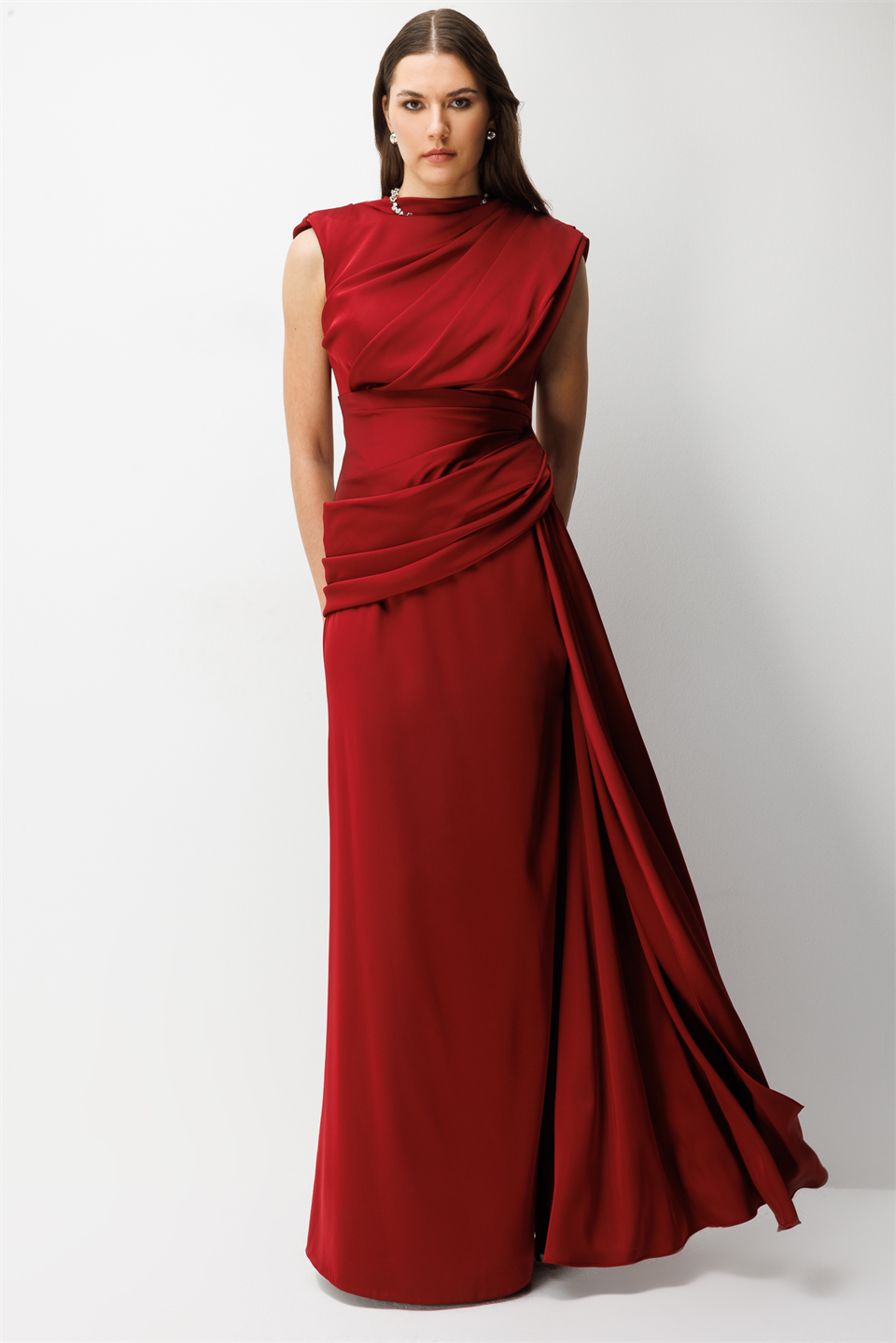 Degaje Yaka Saten Uzun Elbise  BORDO