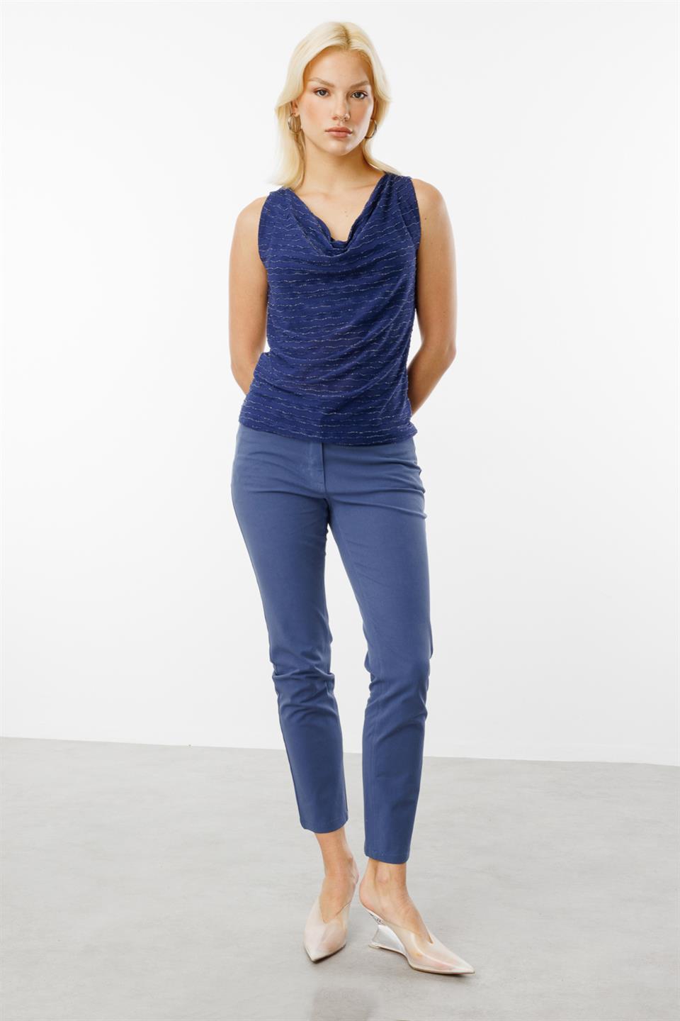 Cowl Neck Glittery Blouse NAVY BLUE