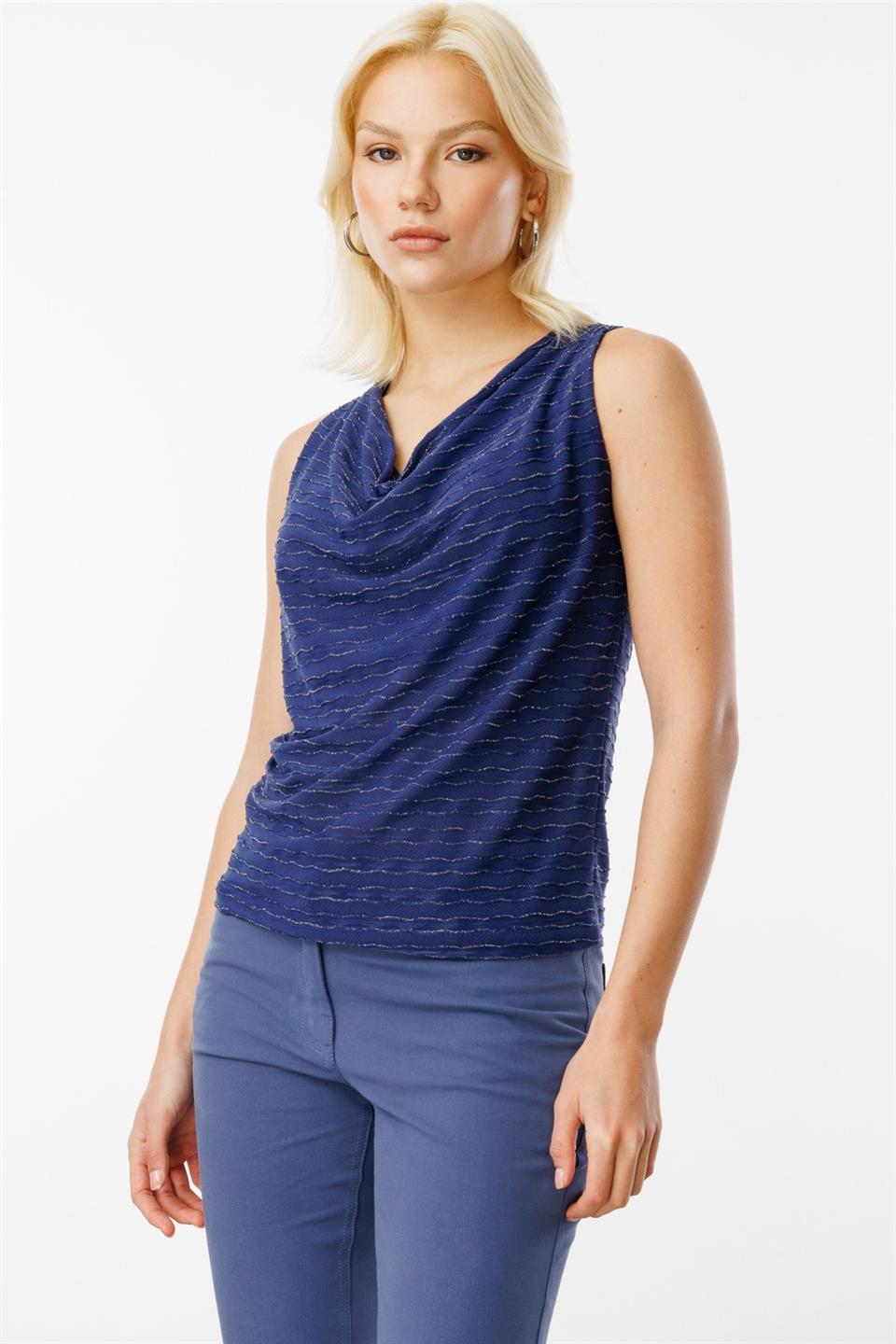 Cowl Neck Glittery Blouse NAVY BLUE