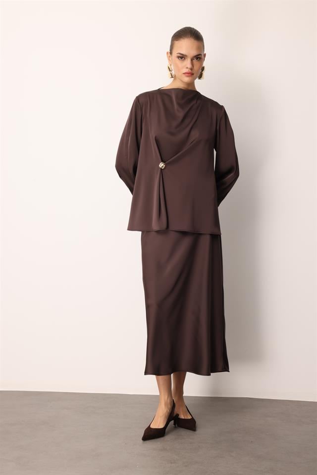 Cowl Neck Long Sleeve Blouse BROWN