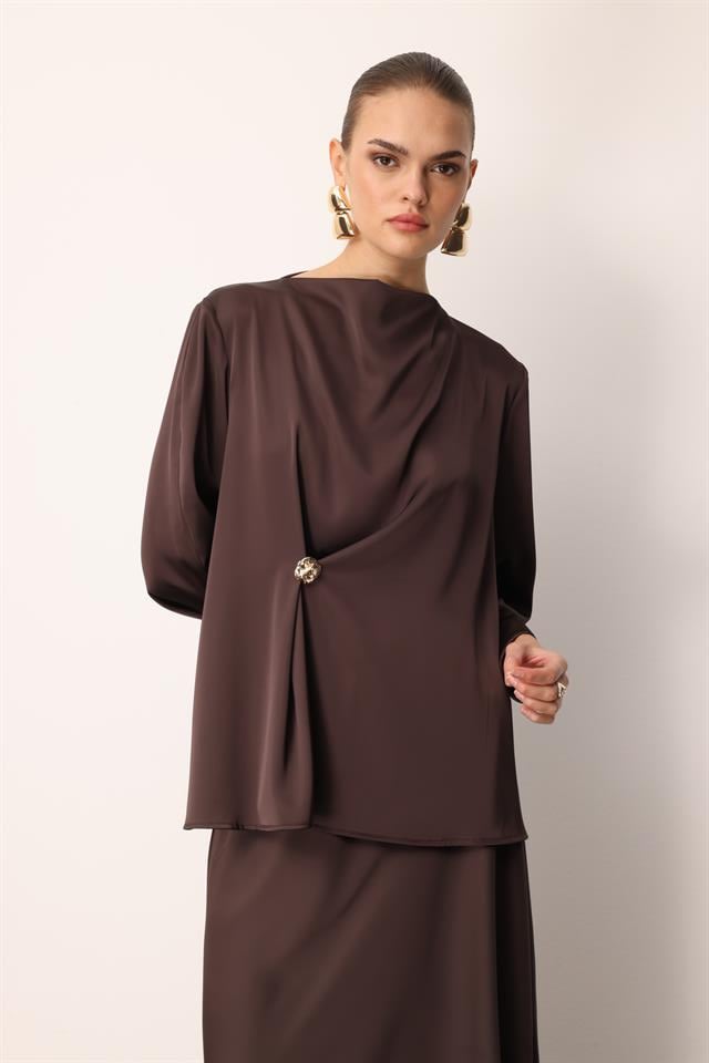 Cowl Neck Long Sleeve Blouse BROWN