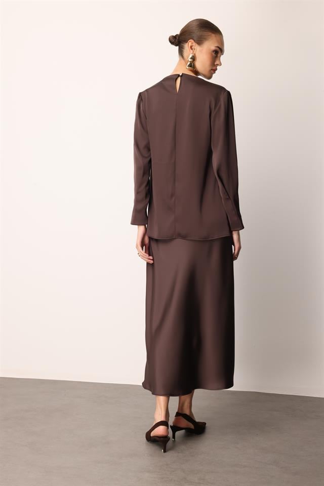 Cowl Neck Long Sleeve Blouse BROWN