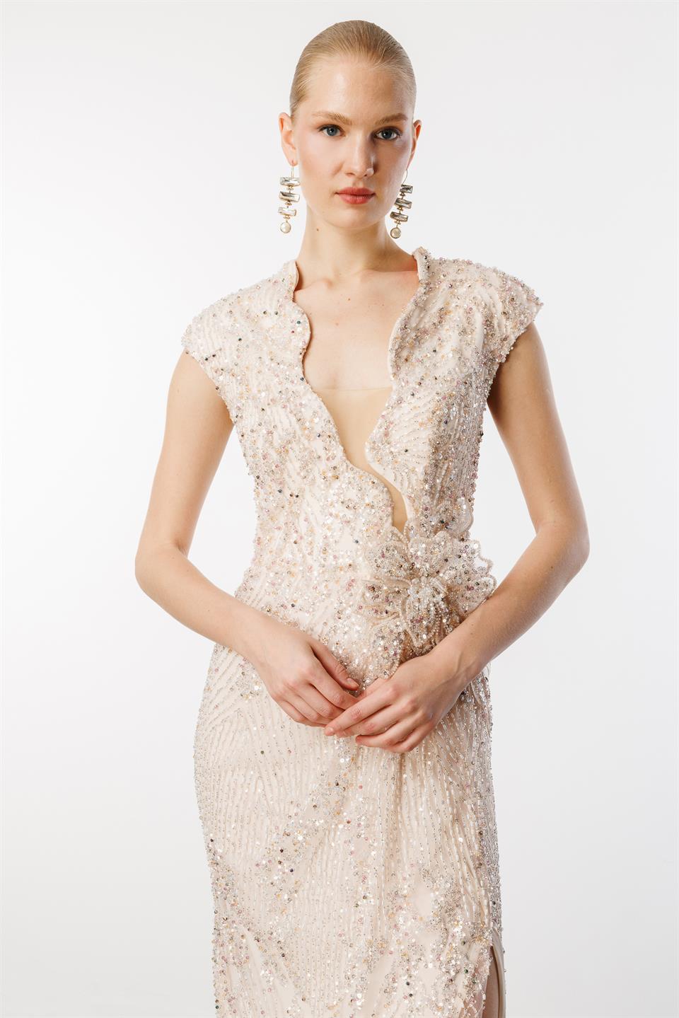 Low-Cut Waist Flower Accessory Sequin Long Evening Dress PUDRA