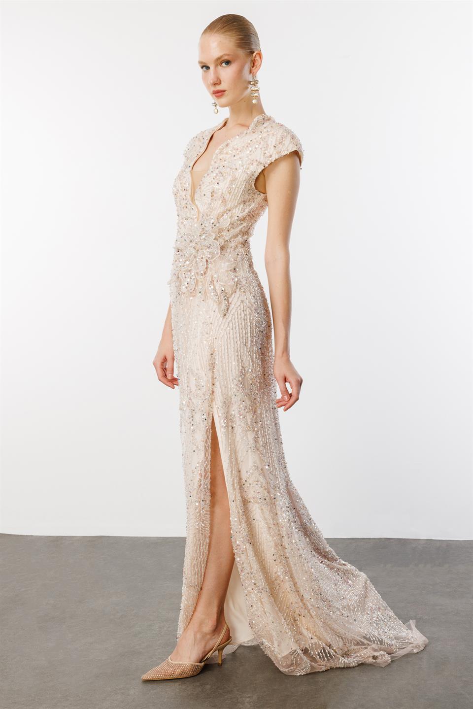 Low-Cut Waist Flower Accessory Sequin Long Evening Dress PUDRA