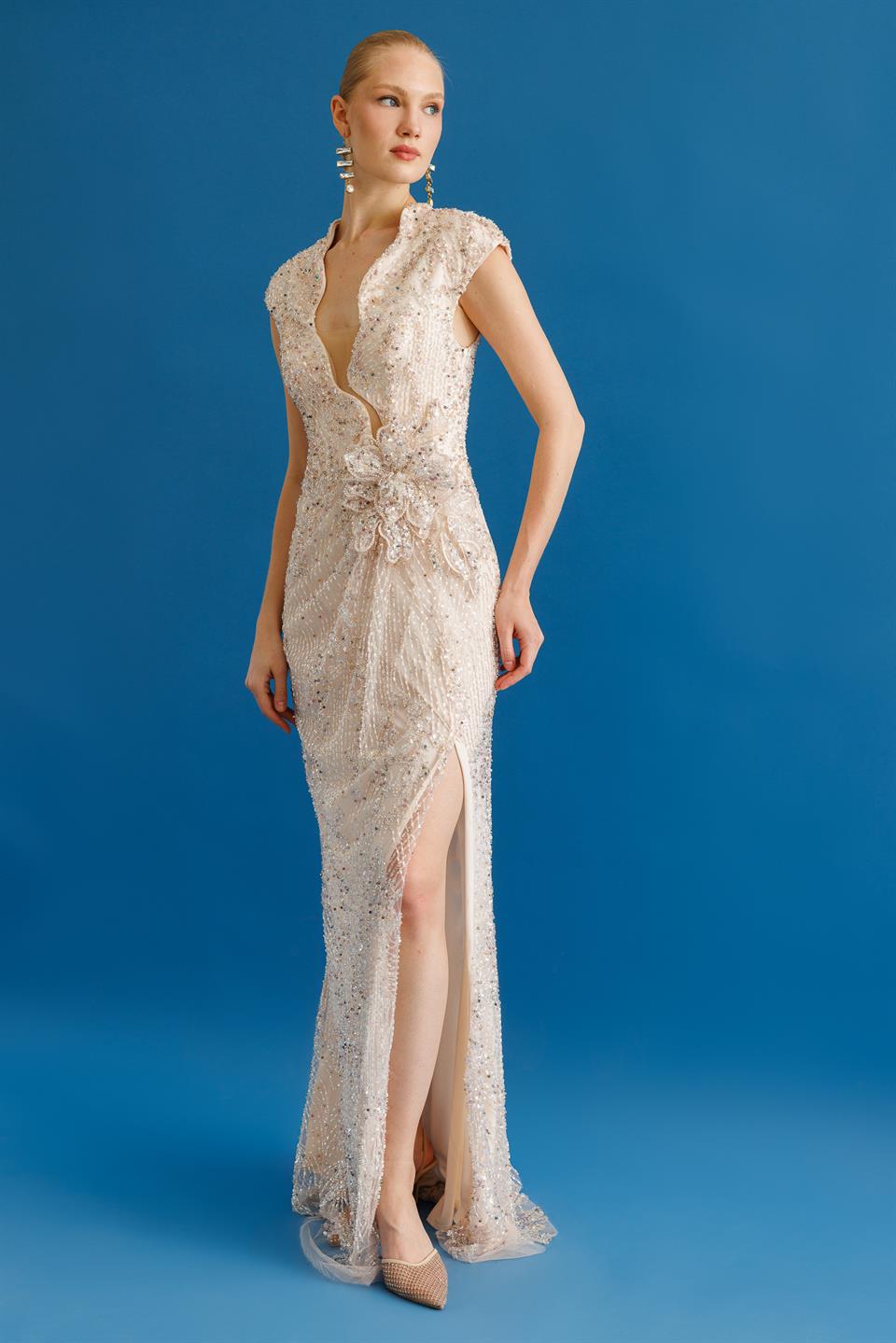 Low-Cut Waist Flower Accessory Sequin Long Evening Dress PUDRA