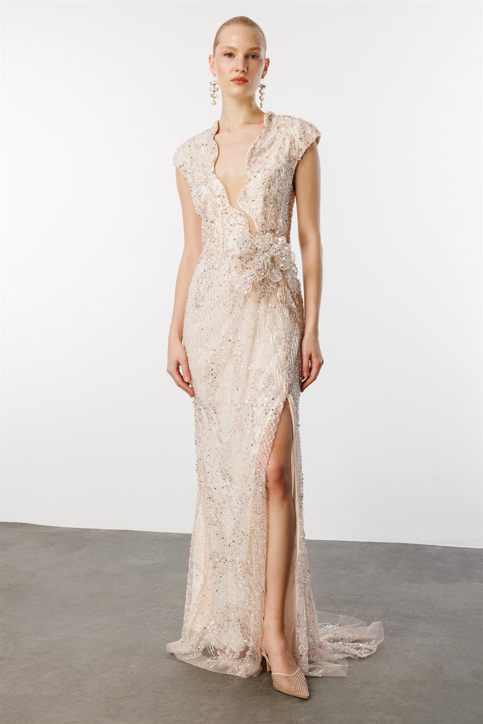 Low-Cut Waist Flower Accessory Sequin Long Evening Dress PUDRA